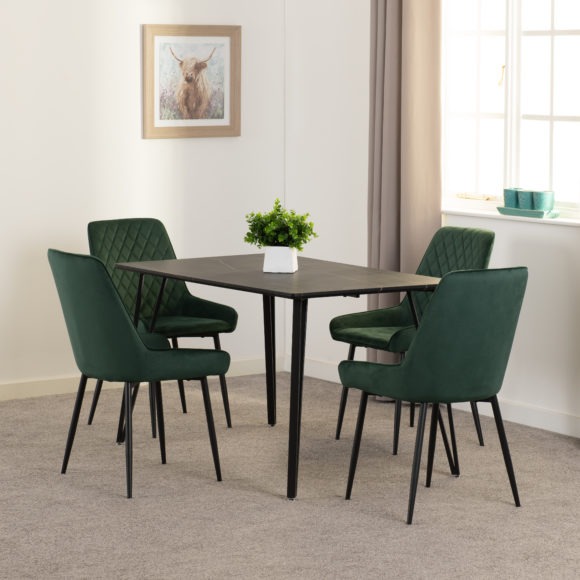seconique Marlow Dining Set with Avery Chairs Black Marble Effect/Black/Emerald Green Velvet