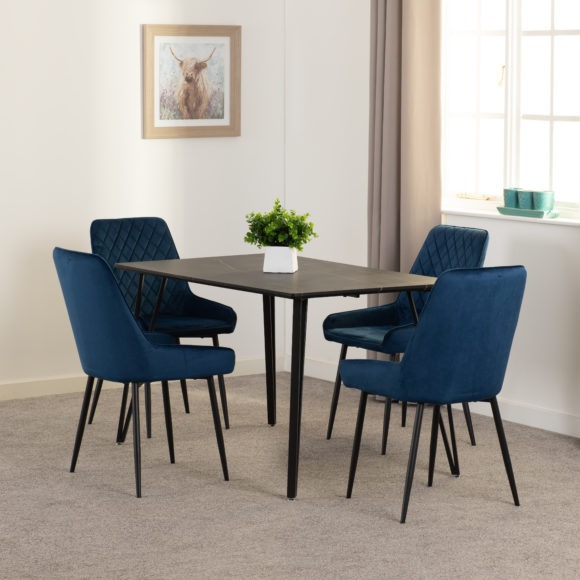 seconique Marlow Dining Set with Avery Chairs Black Marble Effect/Black/Sapphire Blue Velvet