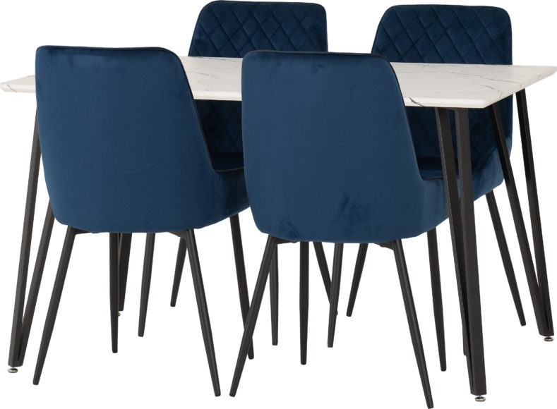 Seconique Marlow Dining Set With Avery Chairs White Marble Effect/Black/Sapphire Blue Velvet