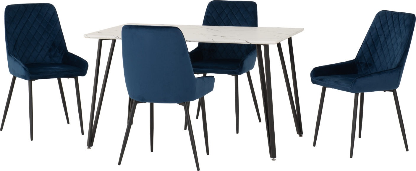 Seconique Marlow Dining Set With Avery Chairs White Marble Effect/Black/Sapphire Blue Velvet