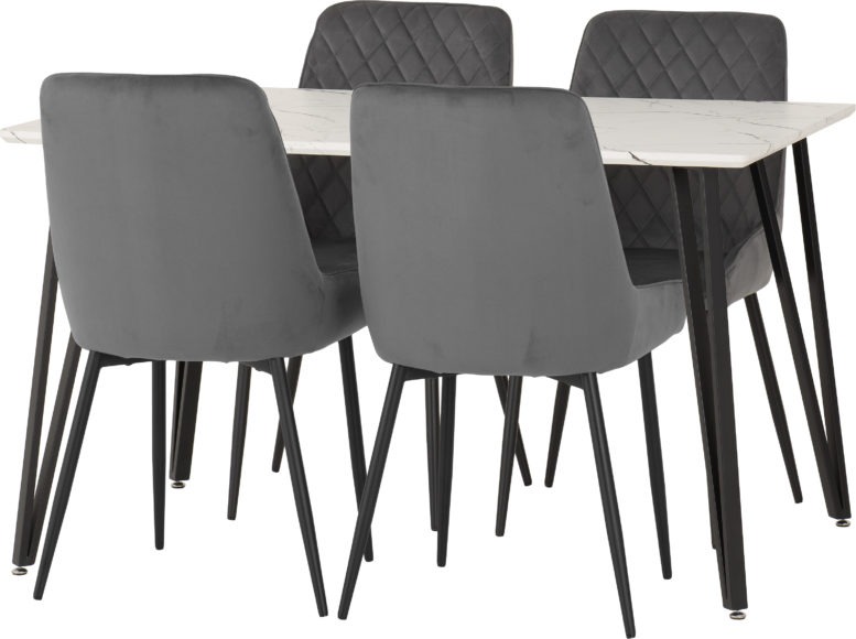 Seconique Marlow Dining Set With Avery Chairs White Marble Effect/Black/Grey Velvet