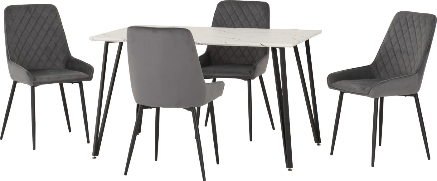 Seconique Marlow Dining Set With Avery Chairs White Marble Effect/Black/Grey Velvet