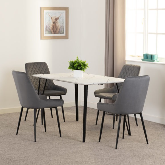 seconique Marlow Dining Set with Avery Chairs White Marble Effect/Black/Grey Velvet