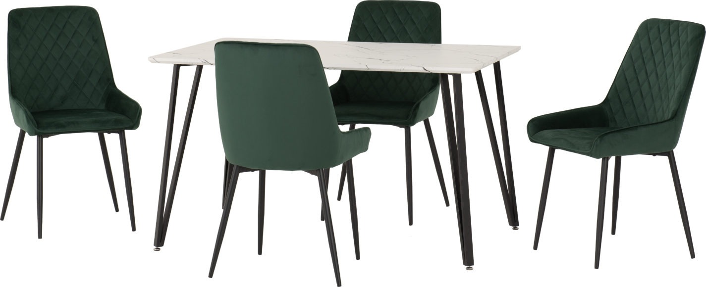 Seconique Marlow Dining Set With Avery Chairs White Marble Effect/Black/Emerald Green Velvet