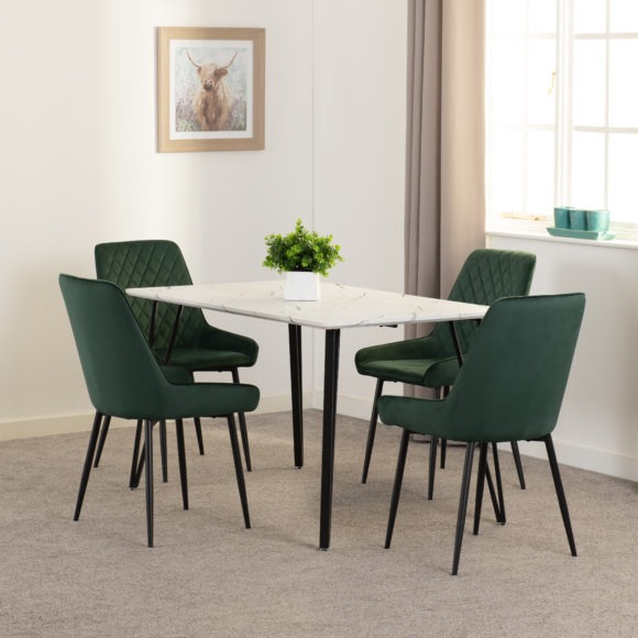 seconique Marlow Dining Set with Avery Chairs White Marble Effect/Black/Emerald Green Velvet