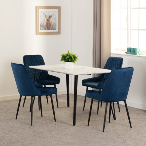 seconique Marlow Dining Set with Avery Chairs White Marble Effect/Black/Sapphire Blue Velvet