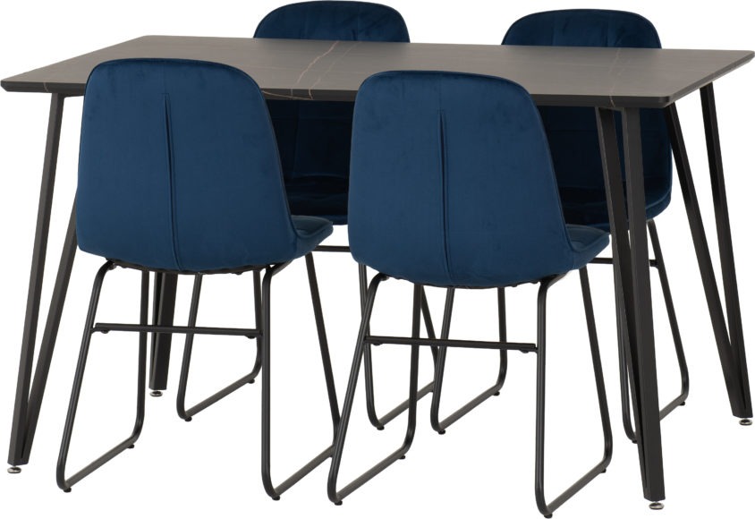 Seconique Marlow Dining Set With Lukas Chairs Black Marble Effect/Black/Sapphire Blue Velvet