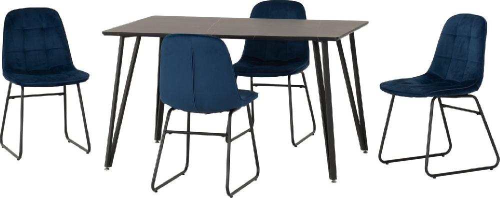 Seconique Marlow Dining Set With Lukas Chairs Black Marble Effect/Black/Sapphire Blue Velvet