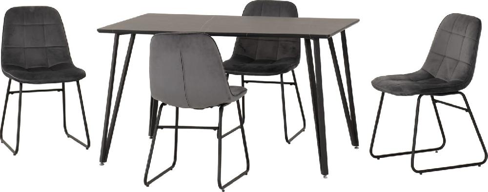 Seconique Marlow Dining Set With Lukas Chairs Black Marble Effect/Black/Grey Velvet