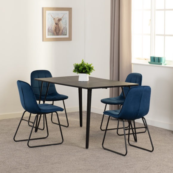seconique Marlow Dining Set with Lukas Chairs Black Marble Effect/Black/Sapphire Blue Velvet