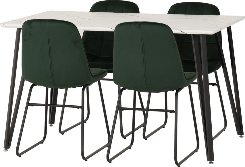 Seconique Marlow Dining Set With Lukas Chairs White Marble Effect/Black/Emerald Green Velvet
