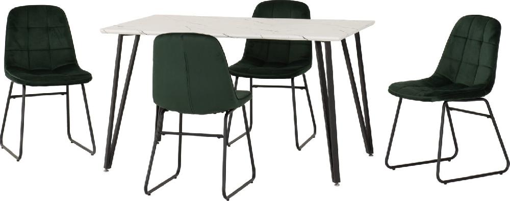 Seconique Marlow Dining Set With Lukas Chairs White Marble Effect/Black/Emerald Green Velvet