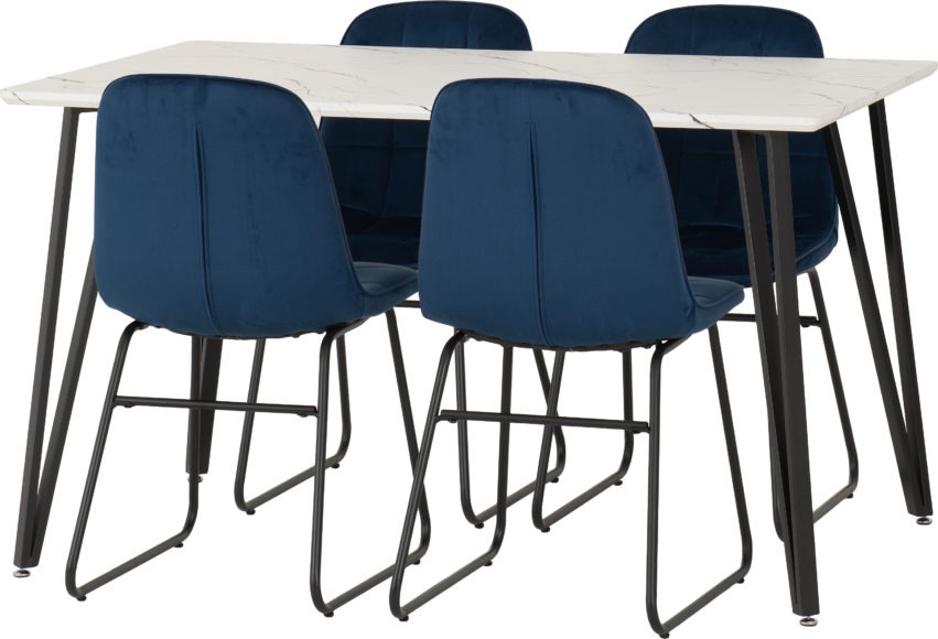 Seconique Marlow Dining Set With Lukas Chairs White Marble Effect/Black/Sapphire Blue Velvet