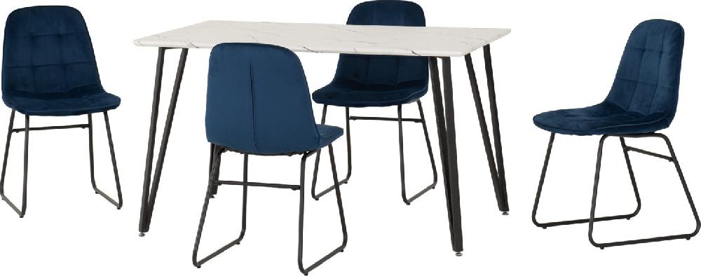Seconique Marlow Dining Set With Lukas Chairs White Marble Effect/Black/Sapphire Blue Velvet