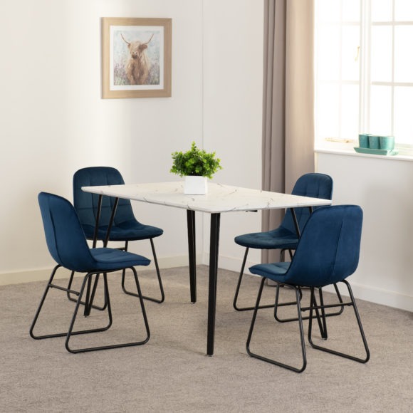 seconique Marlow Dining Set with Lukas Chairs White Marble Effect/Black/Sapphire Blue Velvet