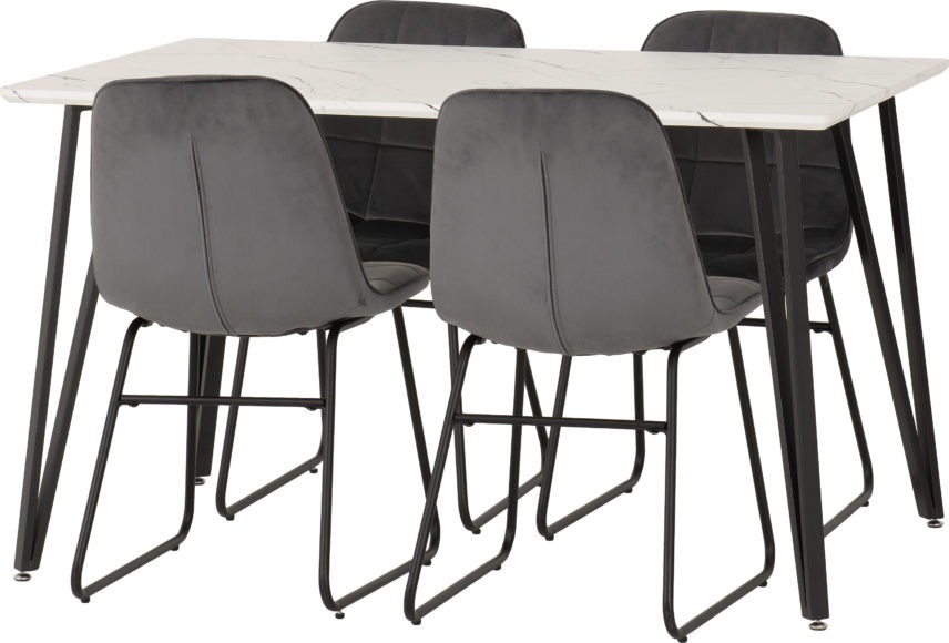 Seconique Marlow Dining Set With Lukas Chairs White Marble Effect/Black/Grey Velvet