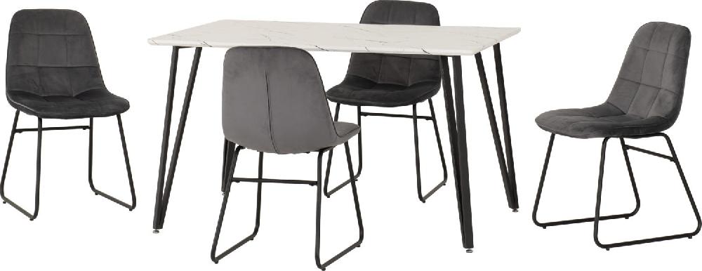 Seconique Marlow Dining Set With Lukas Chairs White Marble Effect/Black/Grey Velvet