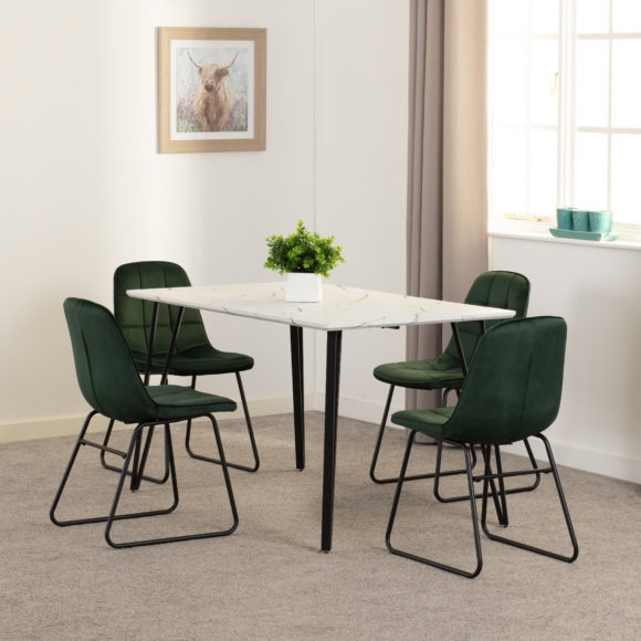seconique Marlow Dining Set with Lukas Chairs White Marble Effect/Black/Emerald Green Velvet
