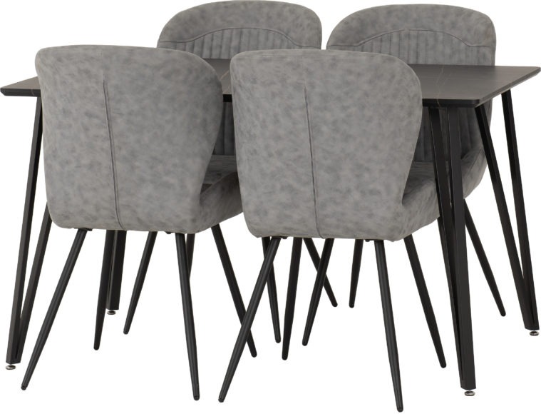 Seconique Marlow Dining Set With Quebec Chairs Black Marble Effect/Black/Grey Faux Leather
