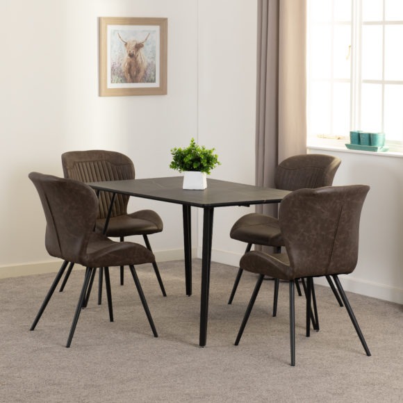 seconique Marlow Dining Set with Quebec Chairs Black Marble Effect/Black/Brown Faux Leather