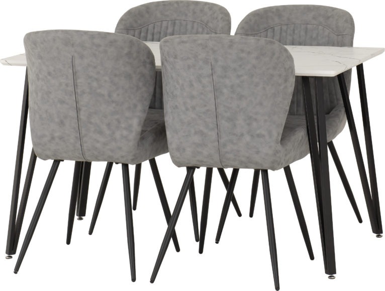 Seconique Marlow Dining Set With Quebec Chairs White Marble Effect/Black/Grey Faux Leather