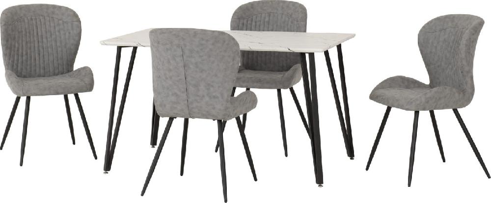 Seconique Marlow Dining Set With Quebec Chairs White Marble Effect/Black/Grey Faux Leather