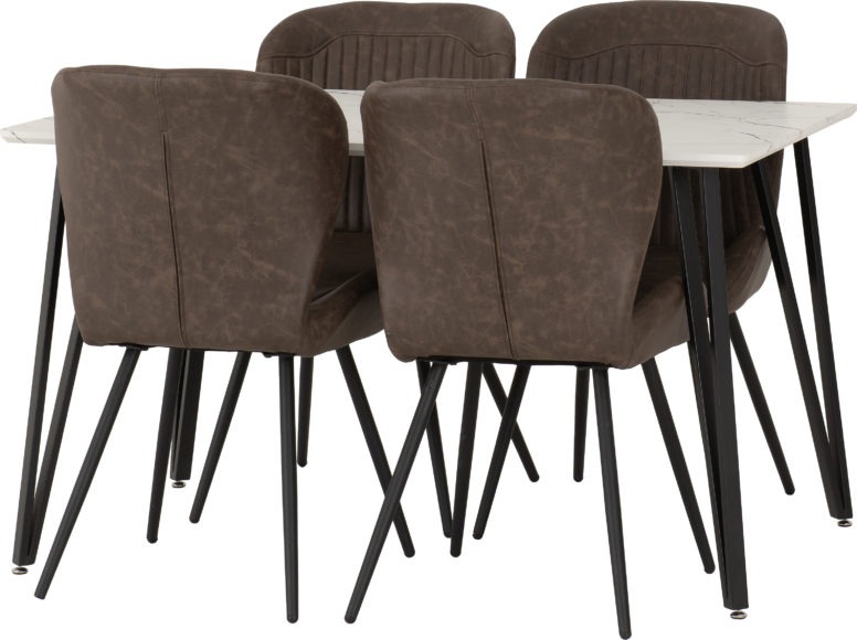 Seconique Marlow Dining Set With Quebec Chairs White Marble Effect/Black/Brown Faux Leather