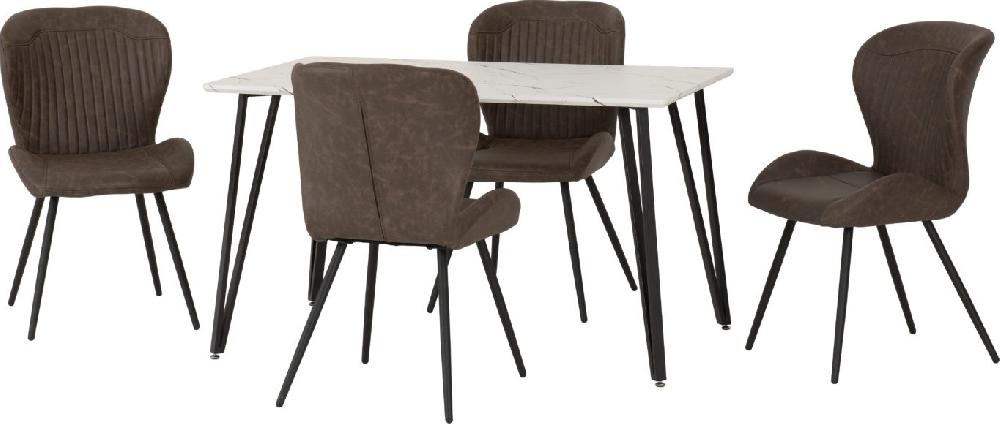 Seconique Marlow Dining Set With Quebec Chairs White Marble Effect/Black/Brown Faux Leather
