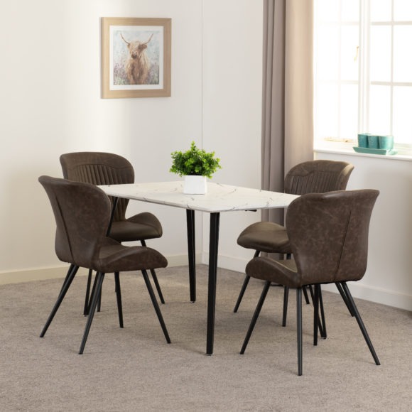 seconique Marlow Dining Set with Quebec Chairs White Marble Effect/Black/Brown Faux Leather