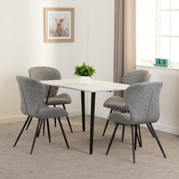 seconique Marlow Dining Set with Quebec Chairs White Marble Effect/Black/Grey Faux Leather