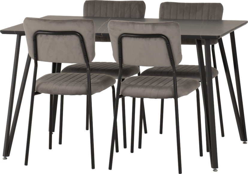 Seconique Marlow Dining Set With Sheldon Chairs Black Marble Effect/Black/Grey Velvet Fabric