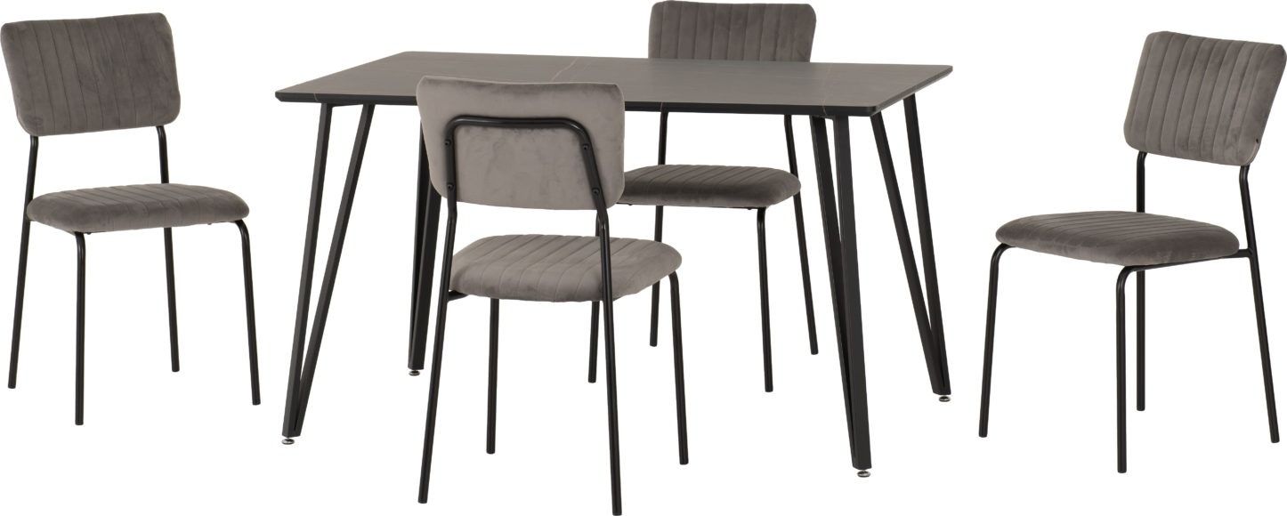Seconique Marlow Dining Set With Sheldon Chairs Black Marble Effect/Black/Grey Velvet Fabric