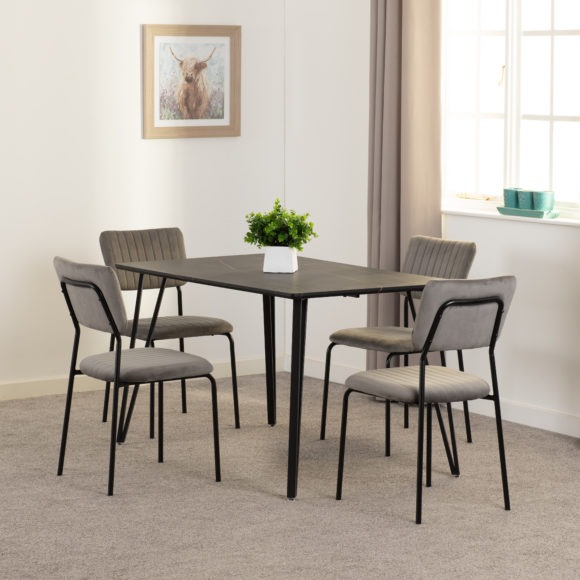 seconique Marlow Dining Set with Sheldon Chairs Black Marble Effect/Black/Grey Velvet Fabric
