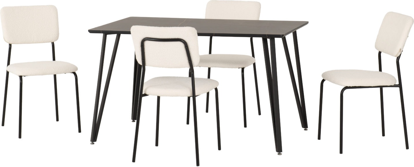 Seconique Marlow Dining Set With Sheldon Chairs Black Marble Effect/Black/Ivory Boucle Fabric