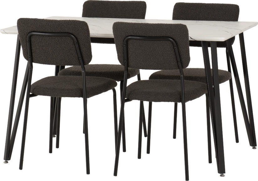 Seconique Marlow Dining Set With Sheldon Chairs White Marble Effect/Black/Grey Boucle Fabric