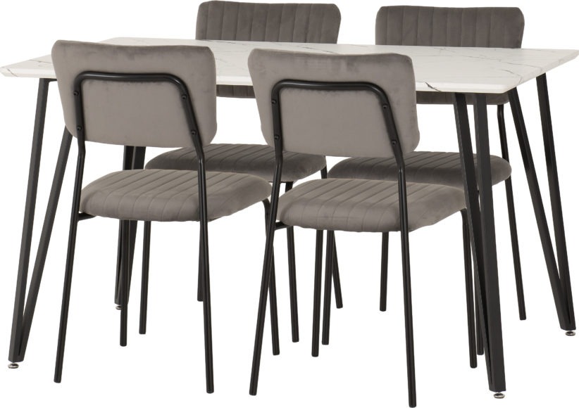 Seconique Marlow Dining Set With Sheldon Chairs White Marble Effect/Black/Grey Velvet Fabric