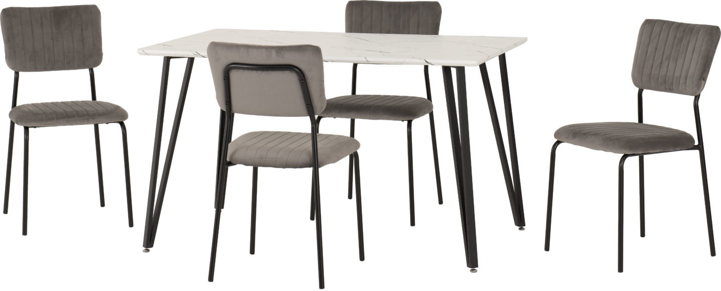 Seconique Marlow Dining Set With Sheldon Chairs White Marble Effect/Black/Grey Velvet Fabric