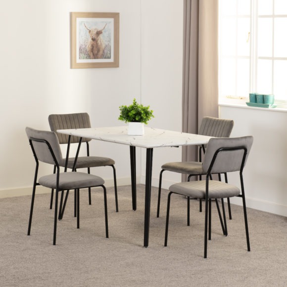 seconique Marlow Dining Set with Sheldon Chairs White Marble Effect/Black/Grey Velvet Fabric