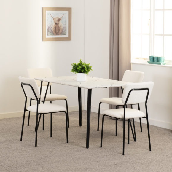 seconique Marlow Dining Set with Sheldon Chairs White Marble Effect/Black/Ivory Boucle Fabric