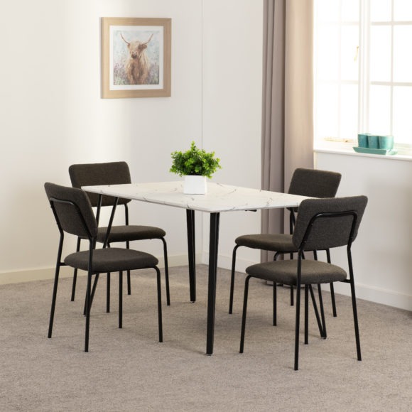 seconique Marlow Dining Set with Sheldon Chairs White Marble Effect/Black/Grey Boucle Fabric
