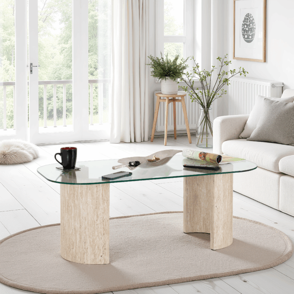 seconique Modena Coffee Table Clear Glass/Cream Marble Effect