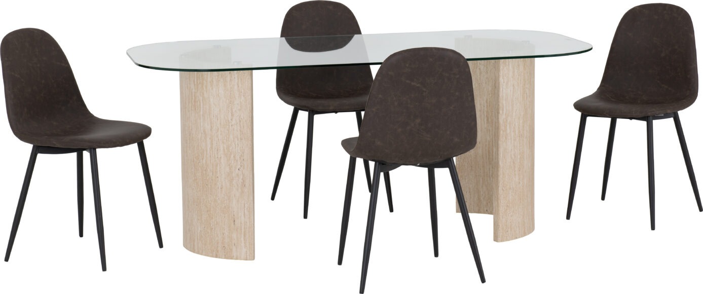 Seconique Modena Dining Set With Athens Chairs Clear Glass/Cream Marble Effect/Brown Faux Leather