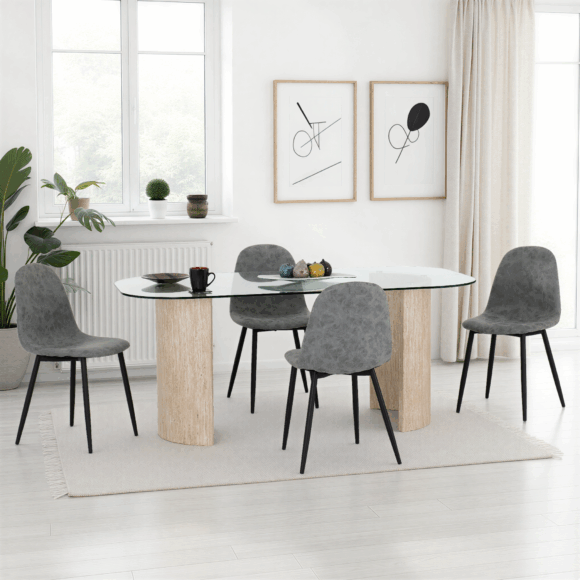 seconique Modena Dining Set with Athens Chairs Clear Glass/Cream Marble Effect/Grey Faux Leather
