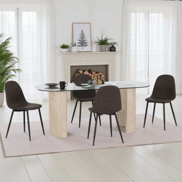 seconique Modena Dining Set with Athens Chairs Clear Glass/Cream Marble Effect/Brown Faux Leather