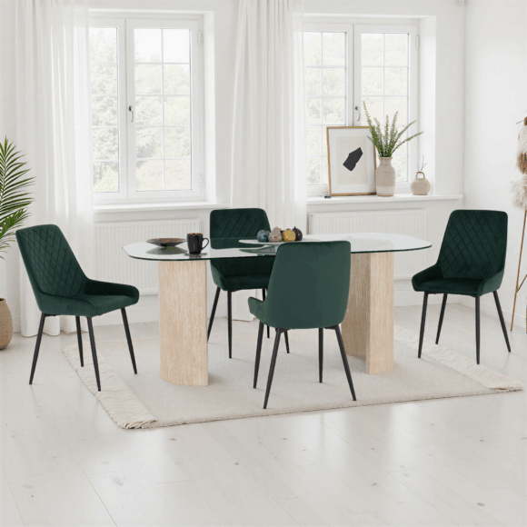 Seconique Modena Dining Set With Avery Chairs Clear Glass/Cream Marble Effect/Emerald Green Velvet