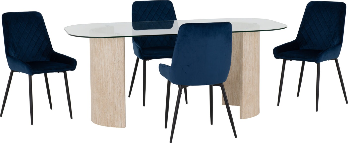 Seconique Modena Dining Set With Avery Chairs Clear Glass/Cream Marble Effect/Sapphire Blue Velvet