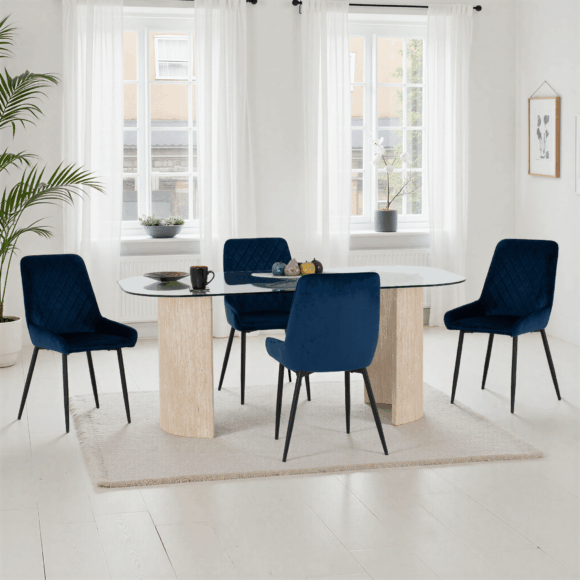 seconique Modena Dining Set with Avery Chairs Clear Glass/Cream Marble Effect/Sapphire Blue Velvet