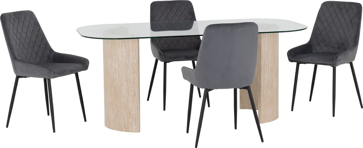 Seconique Modena Dining Set With Avery Chairs Clear Glass/Cream Marble Effect/Grey Velvet