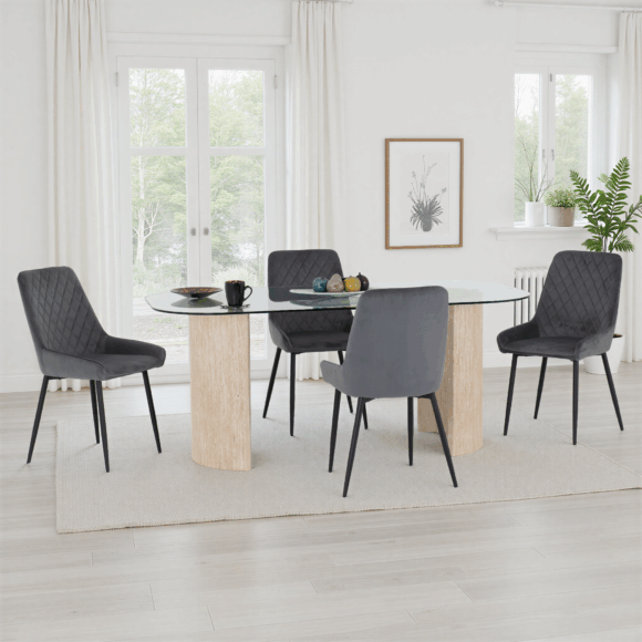 seconique Modena Dining Set with Avery Chairs Clear Glass/Cream Marble Effect/Grey Velvet