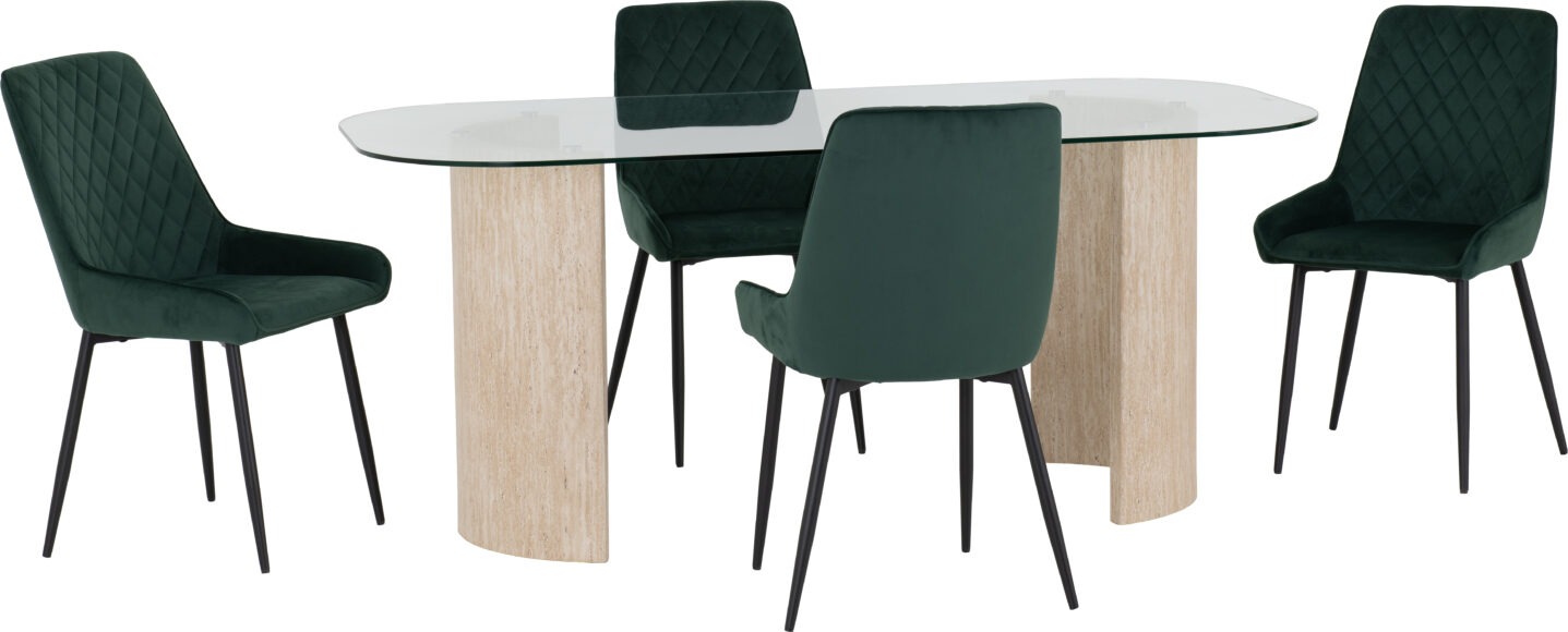 seconique Modena Dining Set with Avery Chairs Clear Glass/Cream Marble Effect/Emerald Green Velvet